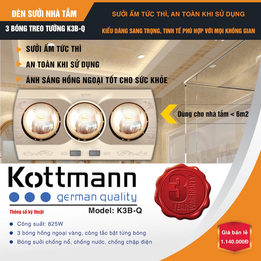 Đèn sưởi nhà tắm Kottmann 3 bóng K3B-Q hãng phân phối