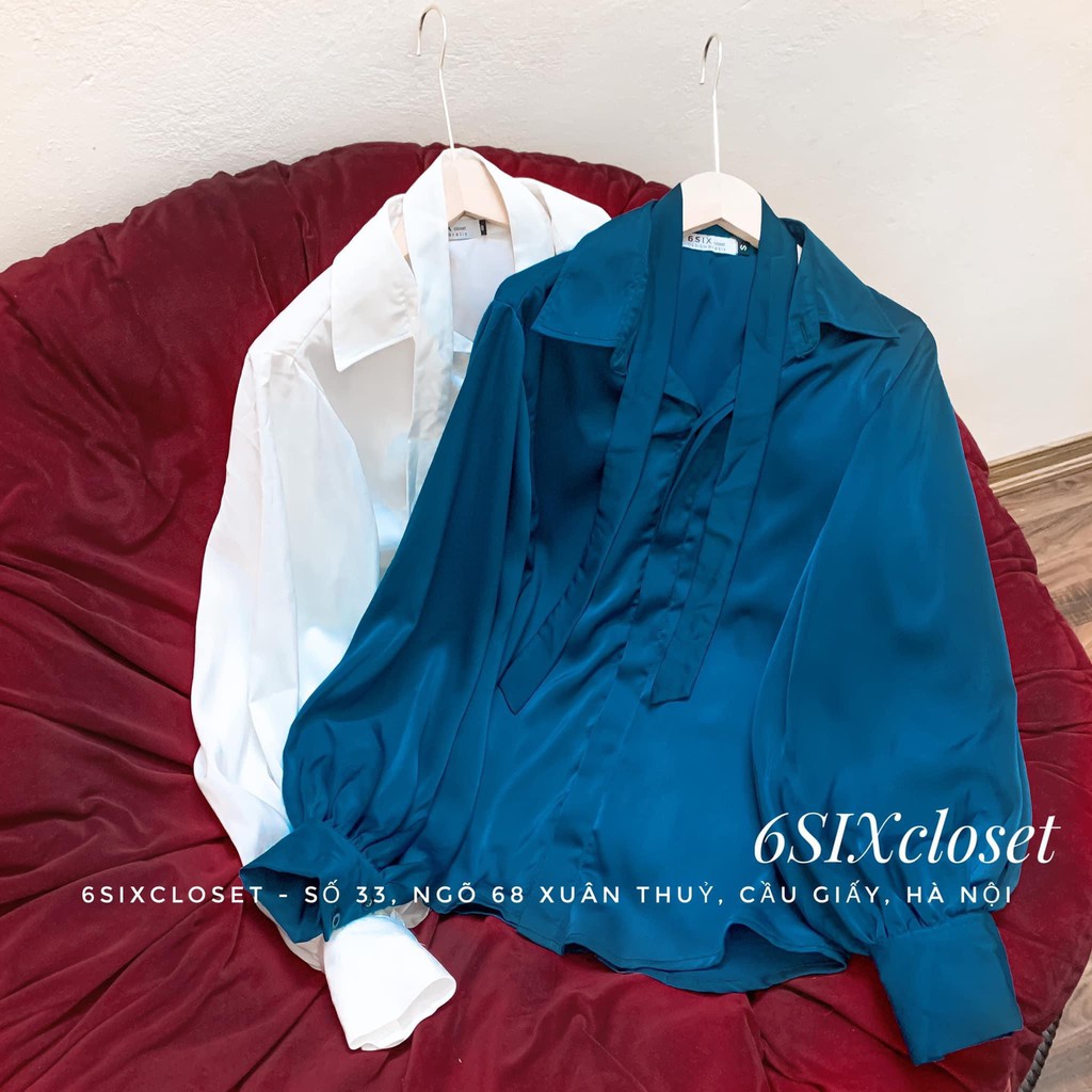 [6SIX Closet] Áo sơ mi nữ dài tay công sở chất lụa ngọc trai tay bồng