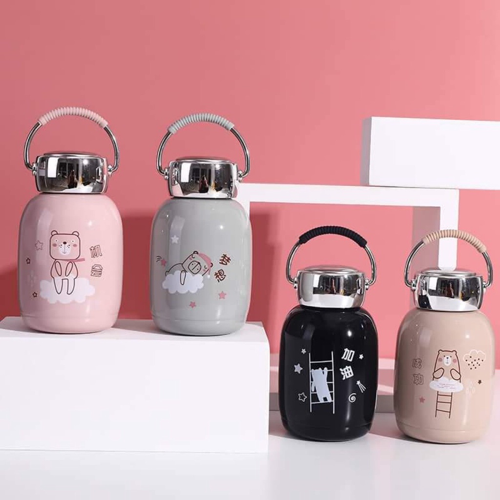Bình đựng nước giữ nhiệt Bear, có quay xách dung tích 230 ml, bình đựng nước giữ nhiệt cute có dây đeo