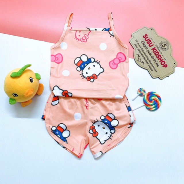 SIZE 2-15 (9-37KG) ĐỒ BỘ BÉ GÁI ÁO HAI DÂY QUẦN ĐÙI THUN LẠNH 3D IN HÌNH HELLO KITTY