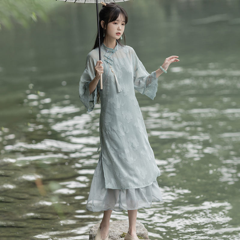 Printed dress female chiffon cheongsam dress female long section temperament retro improved lace skirt skirt