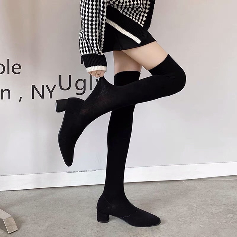 Bốt đùi nữ chất len co giãn ôm chân không tụt gót vuông cao 5cm