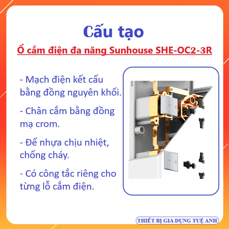 Ổ cắm điện đa năng Sunhouse SHE-OC2-3R - Có công tắc riêng cho từng lỗ cắm, Ổ cắm 3 lỗ - Dây dài 2,5m