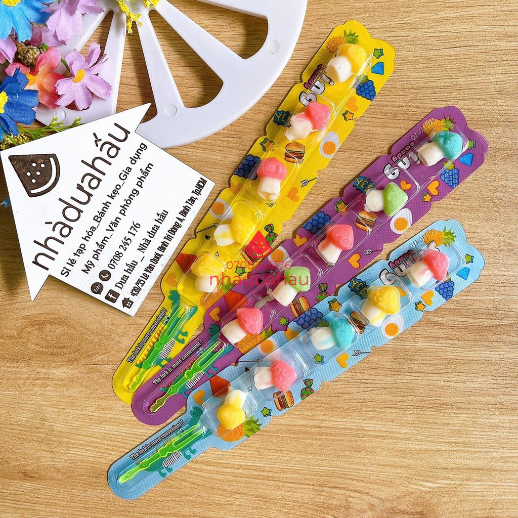 Combo 3 cây kẹo dẻo thạch vị trái cây mix hình nấm/ burger/ ốp la hiệu Funny Castle Hongkong kèm nĩa mini que 15g | BigBuy360 - bigbuy360.vn