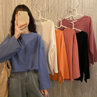 Áo Thun Tay Dài Dáng Rộng Màu Trơn Phong Cách Cơ Bản Dễ Phối Đồ 41475
