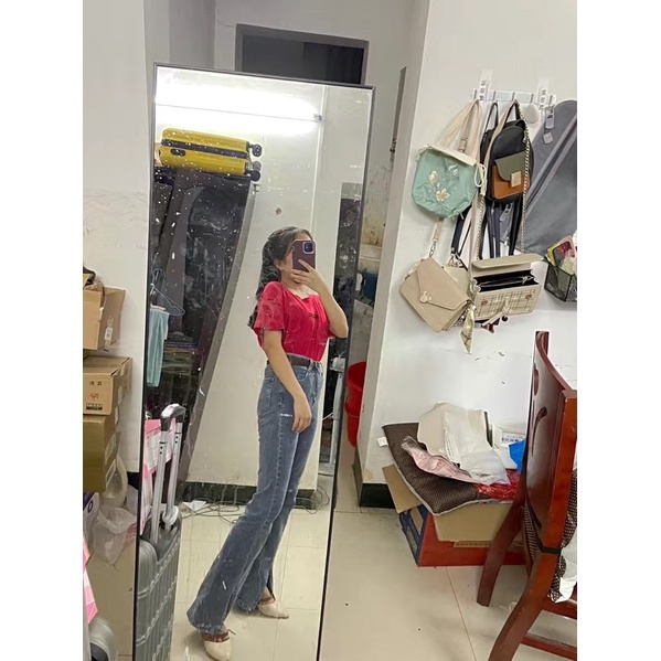 Quần bò jean siêu hách chân ống loe xẻ ống quần cạp cao hot tik tok