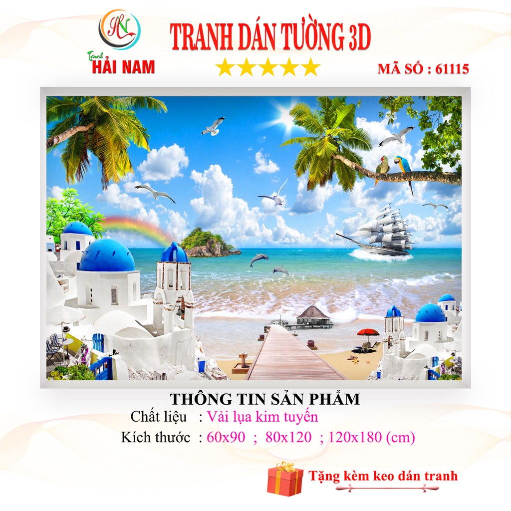 Tranh dán tường 3D mệnh mộc cảnh biển Vải lụa kim tuyến khổ lớn lên tới 3m x 10m