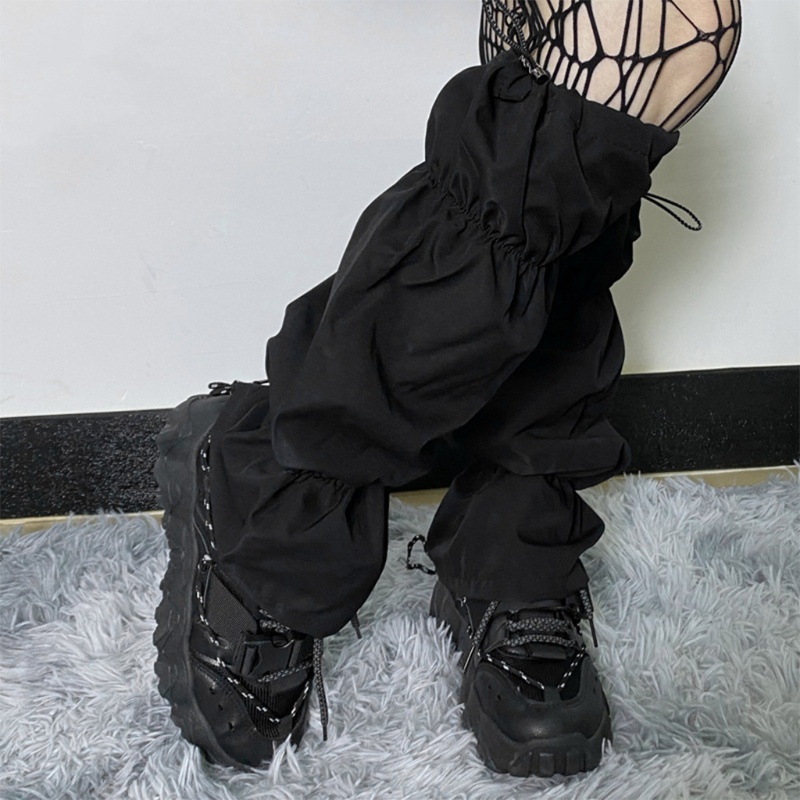 Vớ ống chân phối dây rút màu đen phong cách gothic punk Harajuku Nhật Bản cho nữ