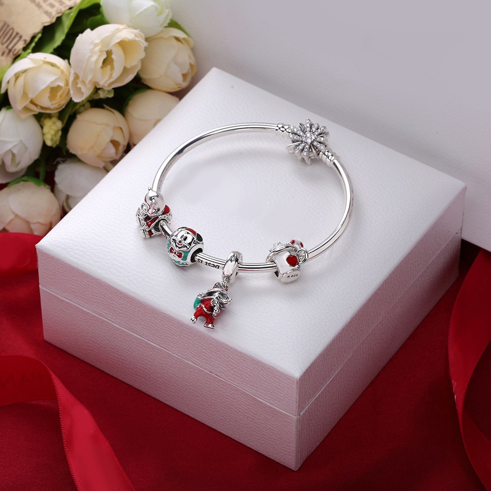 Set Vòng Tay Nữ PANDORA Mạ Bạc 925 Hình Bông Tuyết Đính Đá + Hộp Đựng KLJL0563