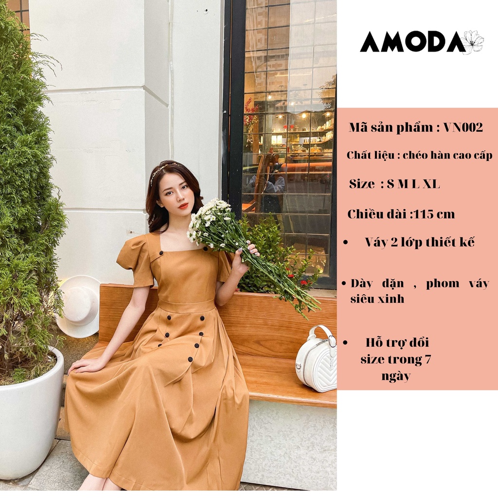 Váy xinh DANG DÀI siêu tôn dang tôn eo  vai bồng màu nâu dễ thương AMODA thiết kế cao cấp VN002