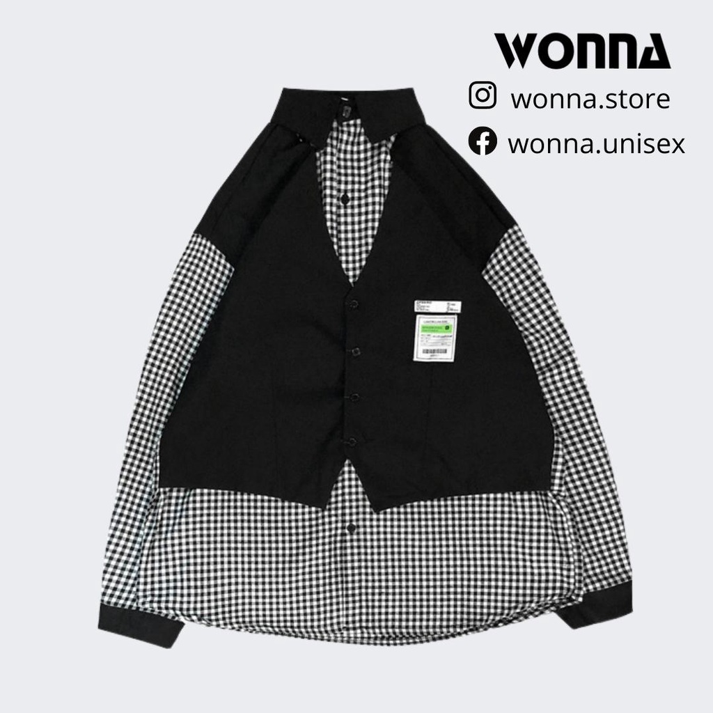 Áo khoác áo vest gile phối áo sơ mi caro trắng đen ulzzang unisex oversized Hàn Quốc street style nam nữ