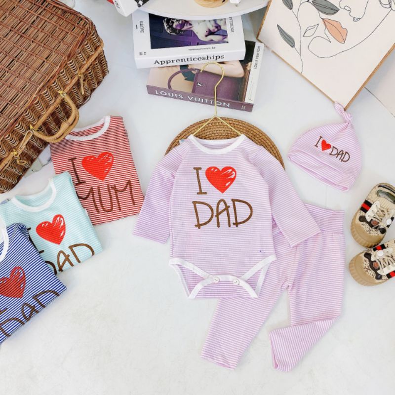 Body Dài Tay Sơ Sinh Kèm Quần Và Mũ Dad Mum, Body 3 Chi Tiết Cho Bé