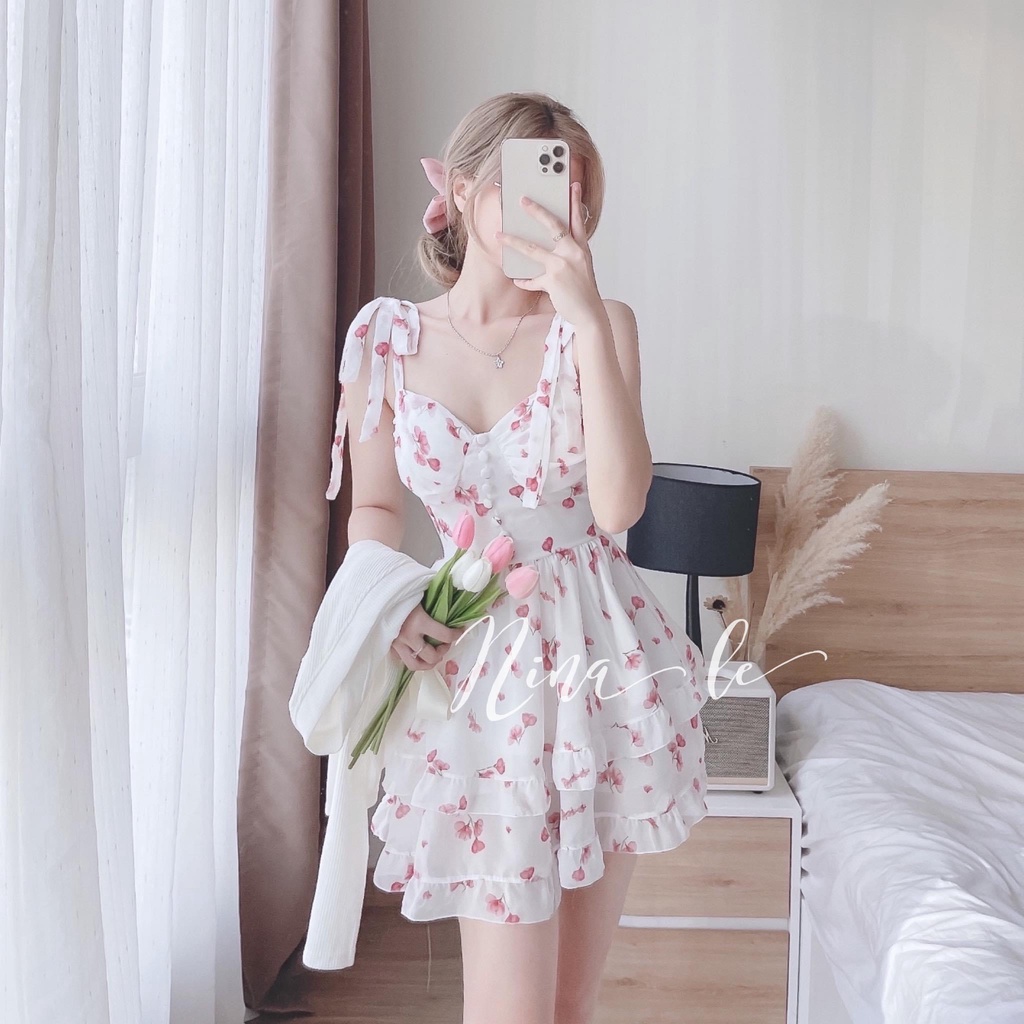 Set váy áo hoa nhí 2 dây xòe áo cardigan DN214
