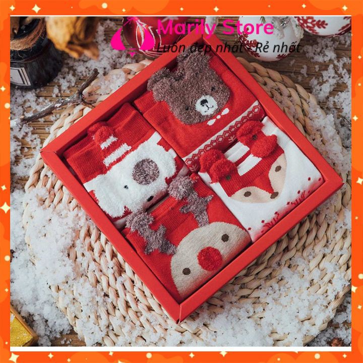 Hộp Tất Noel Người Lớn Cổ Cao, Hộp Vớ Họa Tiết Giáng Sinh 4 Đôi