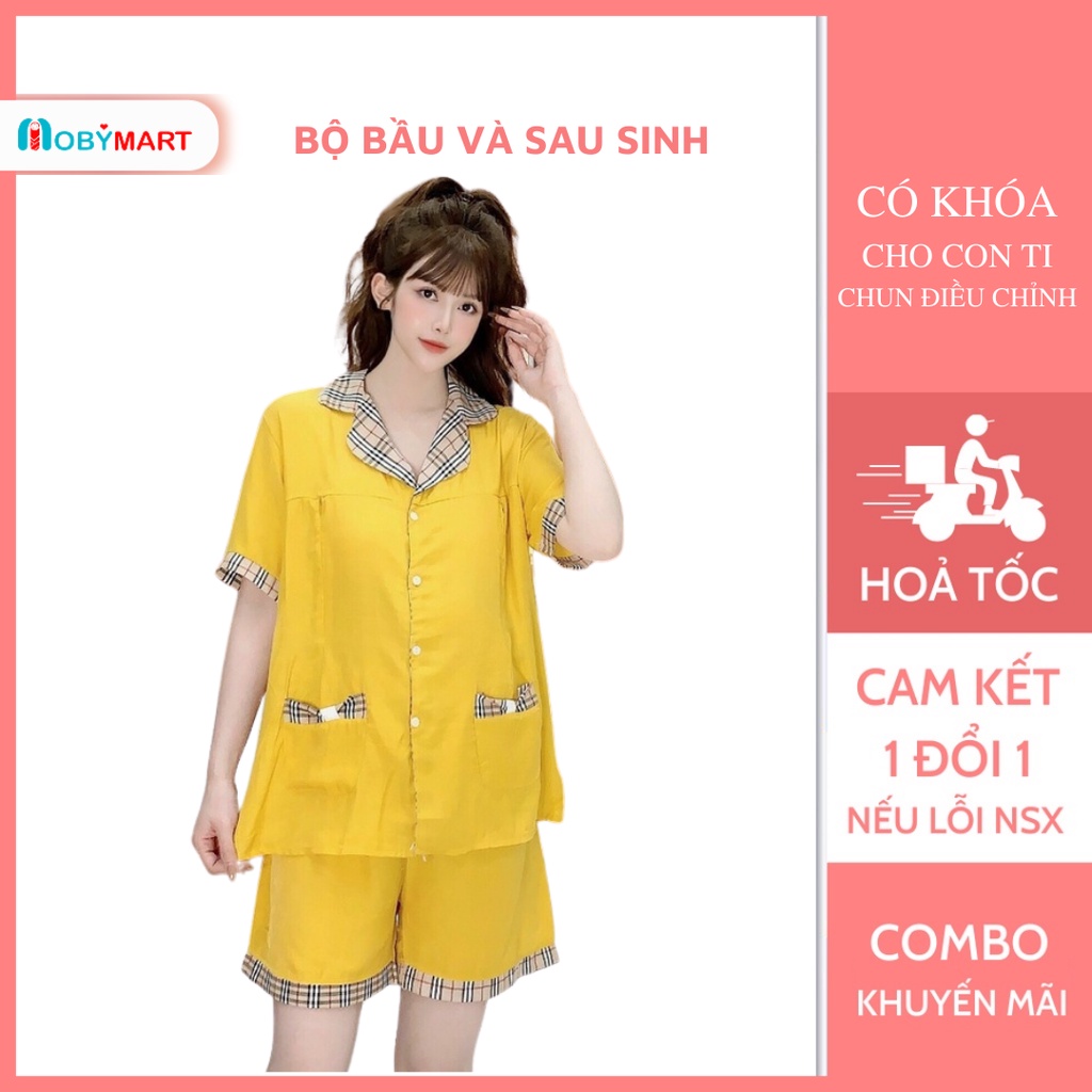 Đồ bầu mặc nhà - bộ bầu sau sinh mùa hè pizama cộc kẻ có khóa cho bé ti DB27 - MobyMart