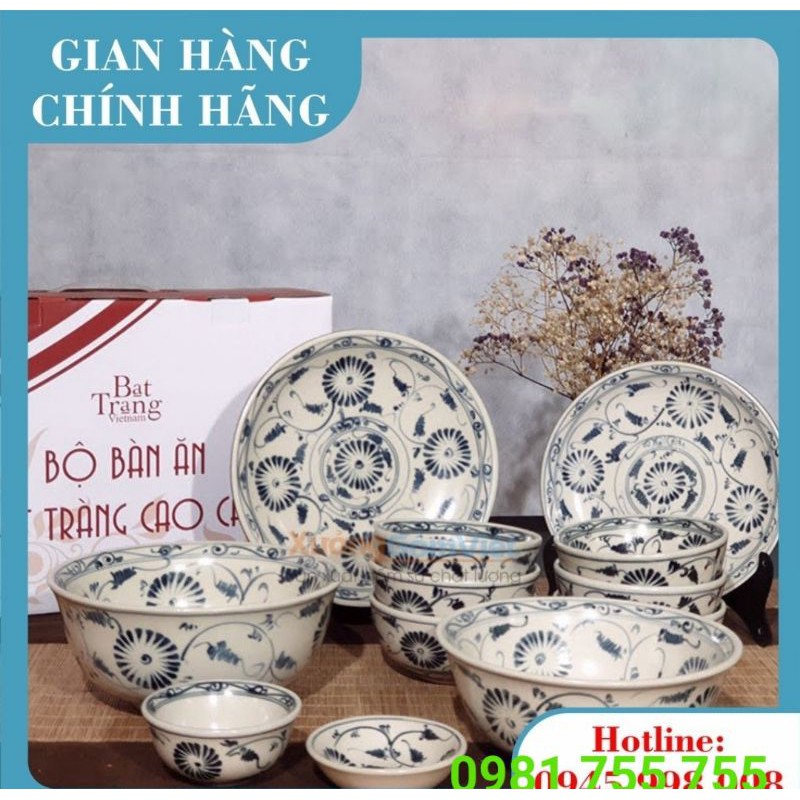 Set bát đĩa sứ giả cổ cao cấp vẽ cúc đen 12 món, hàng vuốt tay thủ công BÁT TRÀNG - XƯỞNG GỐM VIỆT