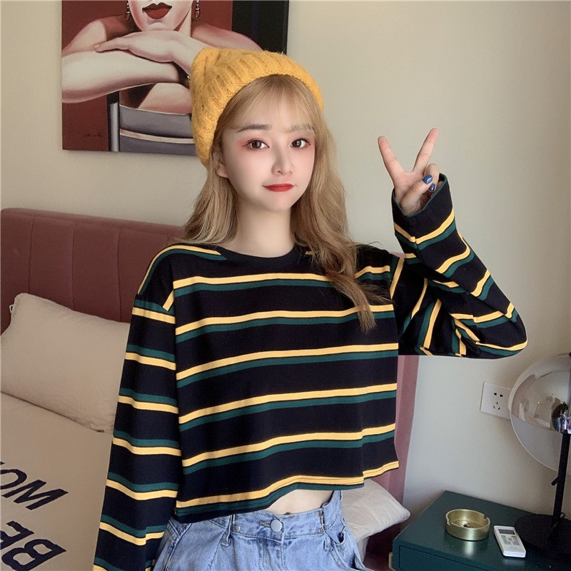 Long Sleeve Striped T-shirt loose retro fashion crew neck | BigBuy360 - bigbuy360.vn