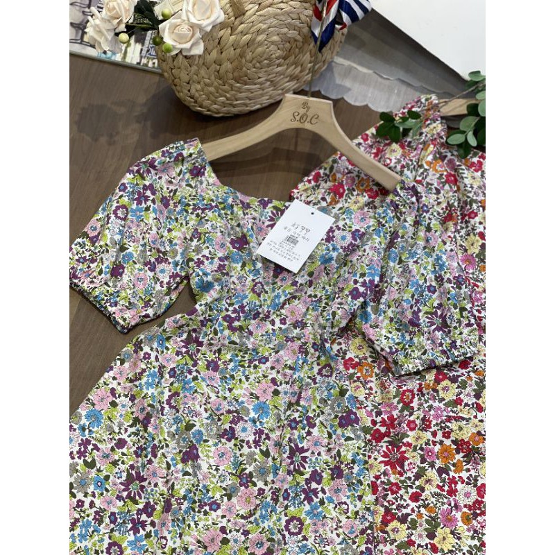 [Mã SKAMA06 giảm 8% tối đa 50K đơn 250K] Đầm hoa cổ vuông tay con ( hính thật) | BigBuy360 - bigbuy360.vn