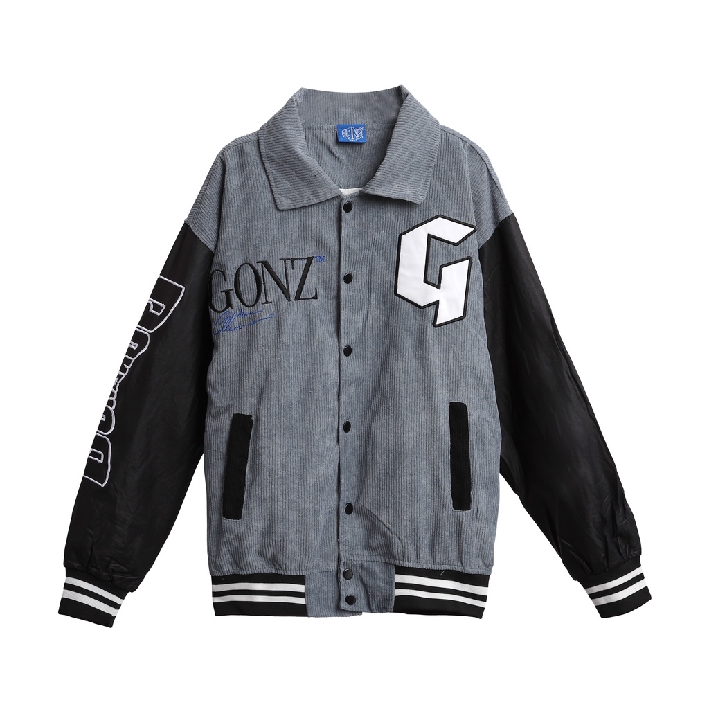 Áo Khoác Nhung Tăm Form Rộng Phối Tay Da Leather Seeve Jacket Varsity V16 - Màu Xám