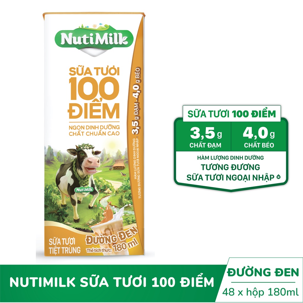 [Mã FMCGMALL giảm 8% đơn từ 250K] Thùng 48 hộp NutiMilk ST 100 điểm - ST tiệt trùng Đường đen Hộp 180 mL/hộp