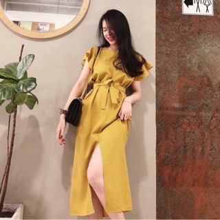 Đầm tay cánh tiên cột eo vàng kèm ảnh thật