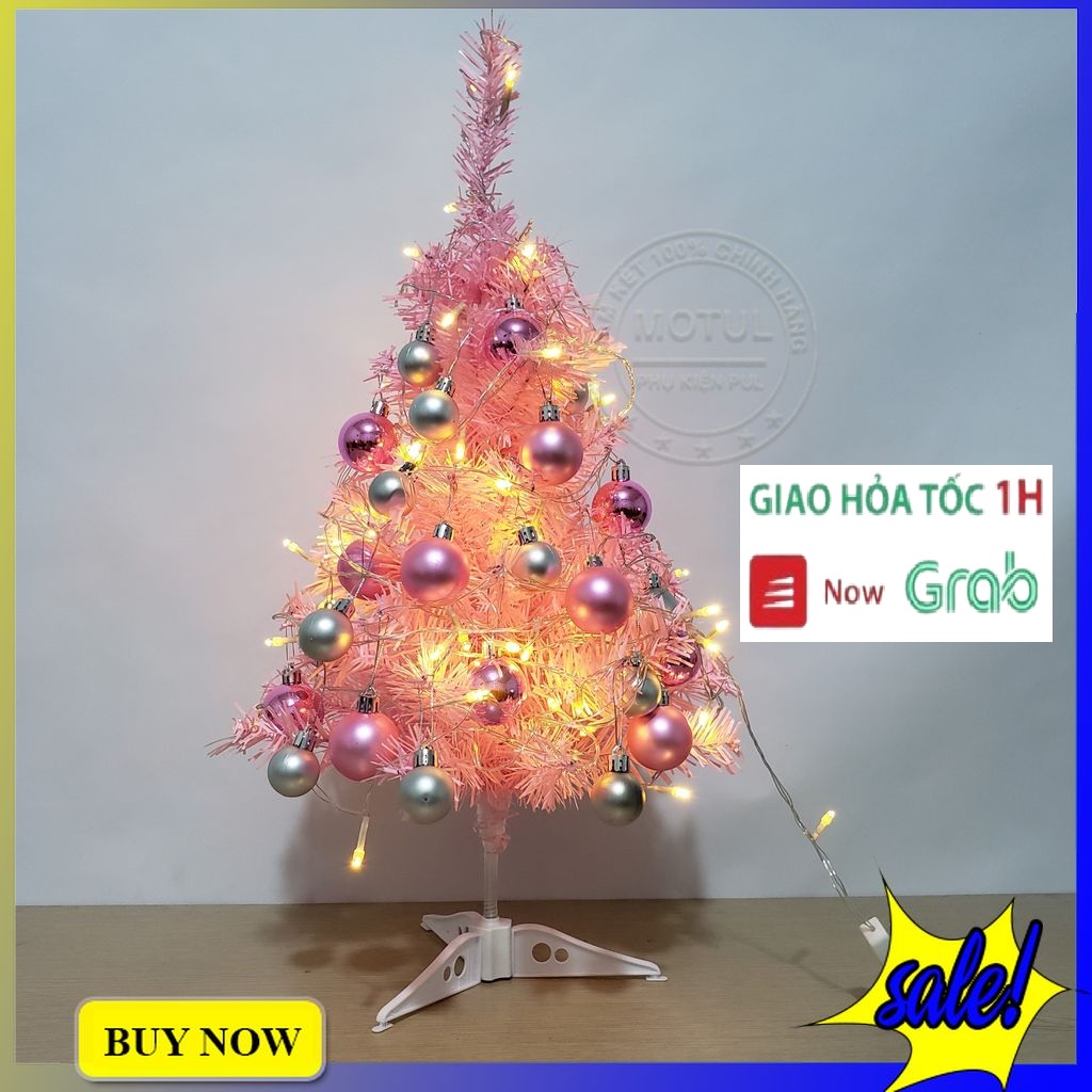 Cây thông noel màu hồng 60cm mini để bàn kèm phụ kiện quả châu và dây đèn led trang trí cây thông giáng sinh