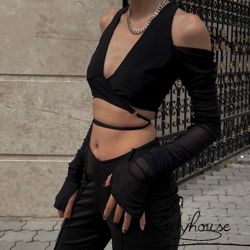 Áo Croptop Tay Dài Cổ Chữ V Màu Sắc Trơn Thiết Kế Đơn Giản Thời Trang Đường Phố Cho Nữ