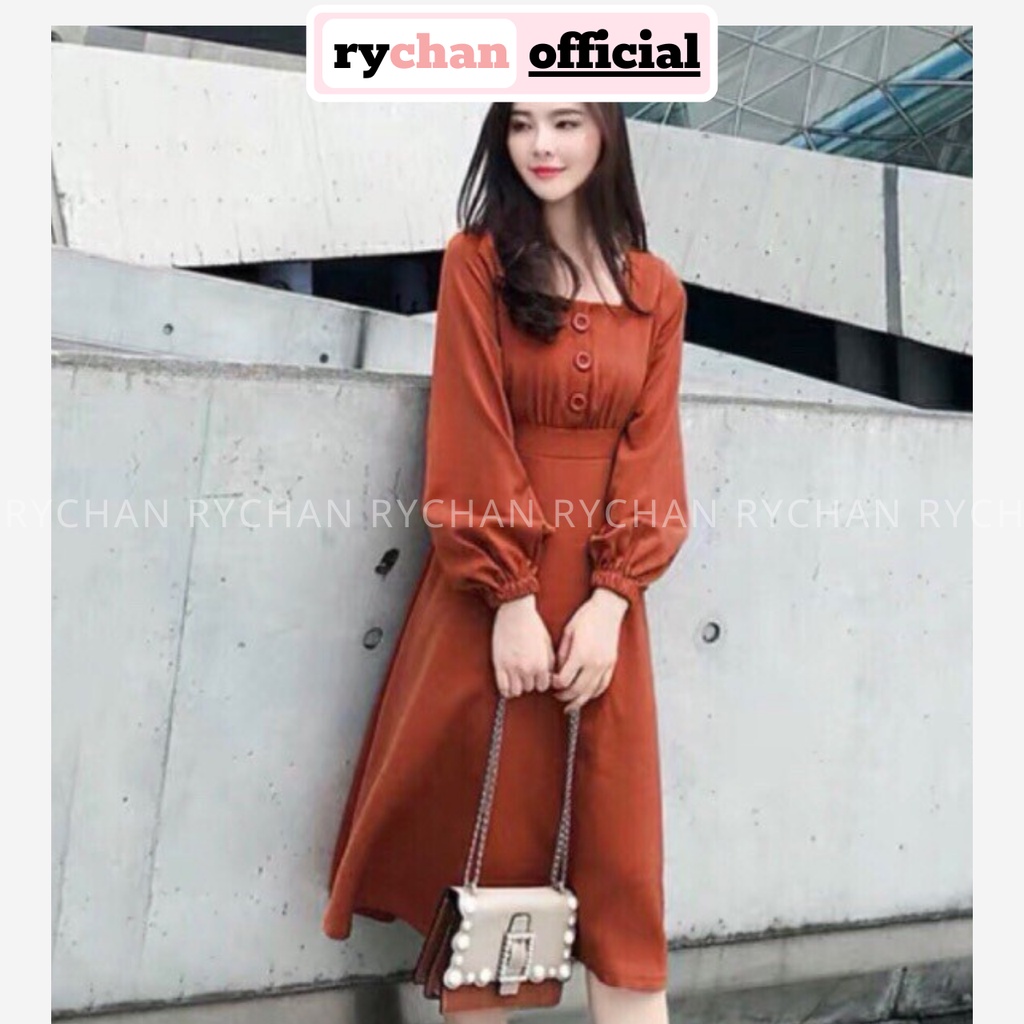[ẢNH THẬT CUỐI] DM637 - Đầm Maxi Cam Cổ Vuông Phối Tay Phồng