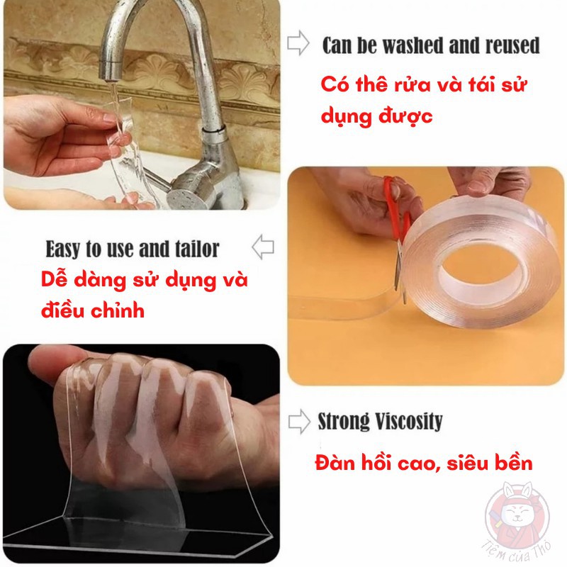 Băng keo 2 mặt đa năng dán tường siêu dính chắc bản dài 3M bằng silicone trong suốt