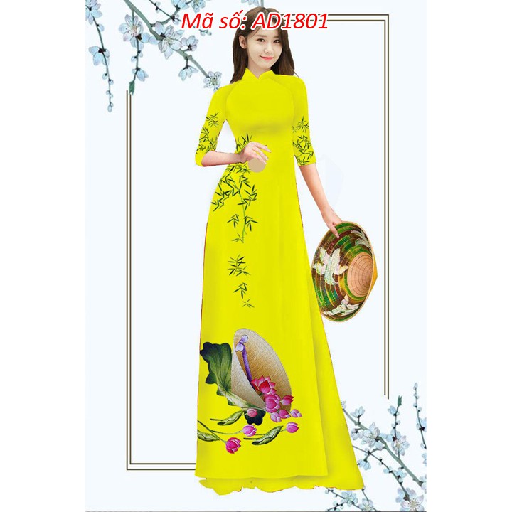 ⚡️ có big size 5XL ⚡️ AD1801 Set áo dài truyền thống cổ trụ lụa in 3D họa tiết nón lá hoa sen kèm quần ống rộng