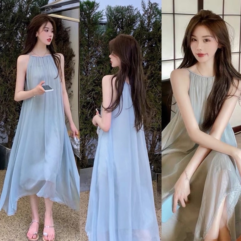 [Ảnh thật/Video]Váy maxi hai dây siêu sang Đầm voan màu xanh đi biển chất voan tơ mềm mịn | WebRaoVat - webraovat.net.vn