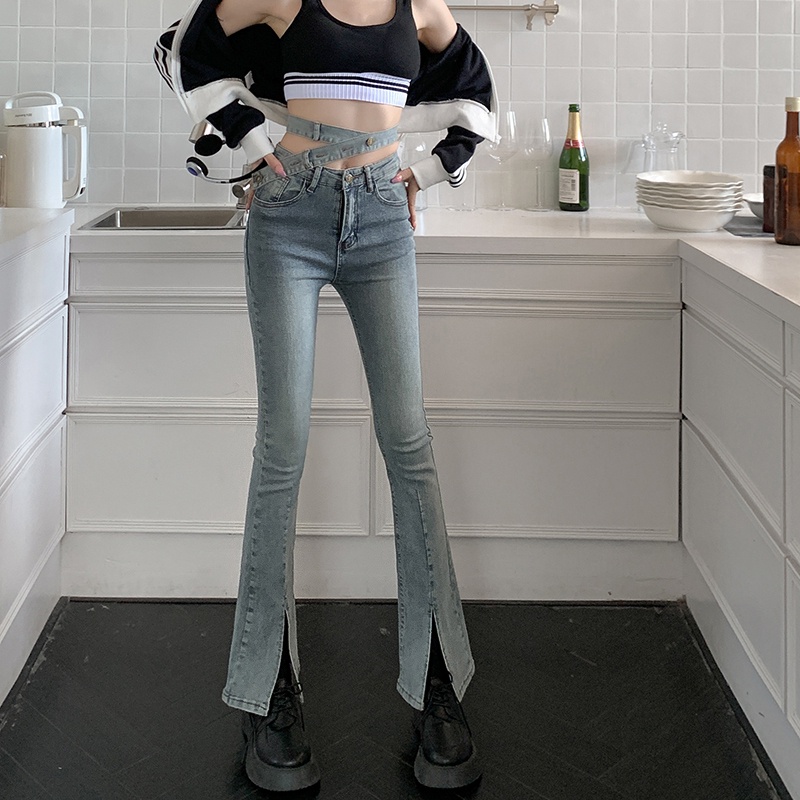 Quần jean ZHELIHANGFEI lưng cao ống loe xẻ tà quyến rũ dễ phối đồ thời trang