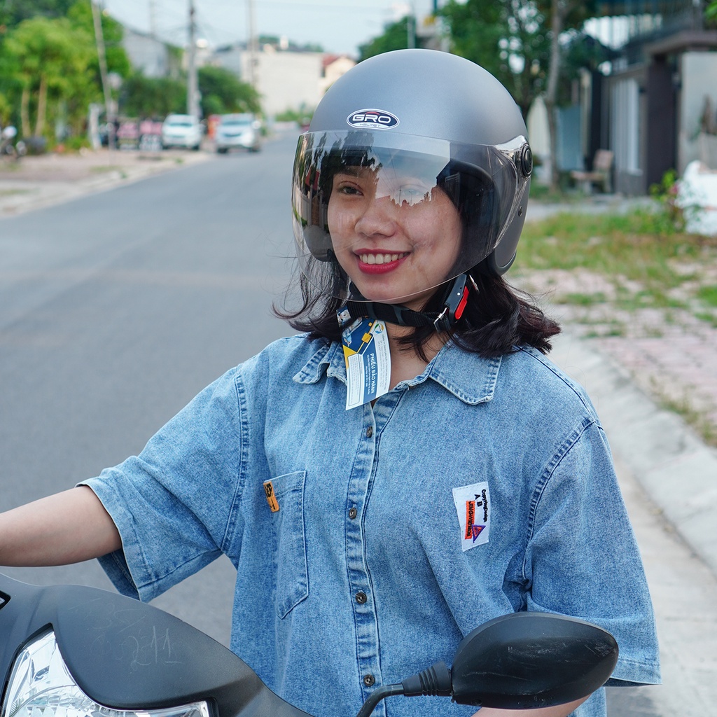 Mũ Bảo Hiểm 3/4 đầu GRO Helmet T818 có kính dài che cả mặt, kiểu dáng thời trang cho nữ, khóa kim loại - Xám Nhám