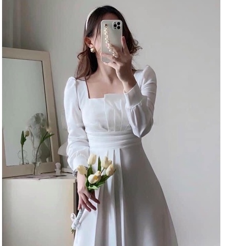 ĐẦM THIẾT KẾ DỰ TIỆC MIDI TAY DÀI - VÁY TRẮNG NUDE ĐỎ - GD149