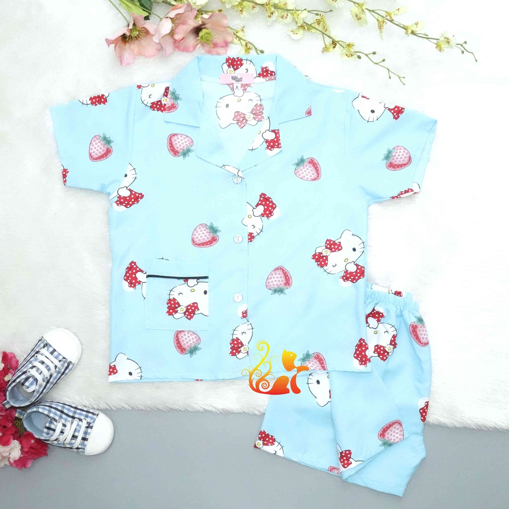 Bộ Đồ Mặc Nhà "Kít ti Dâu" Quần Đùi Pijama Kate Thái - Cho Bé 16 - 42kg.