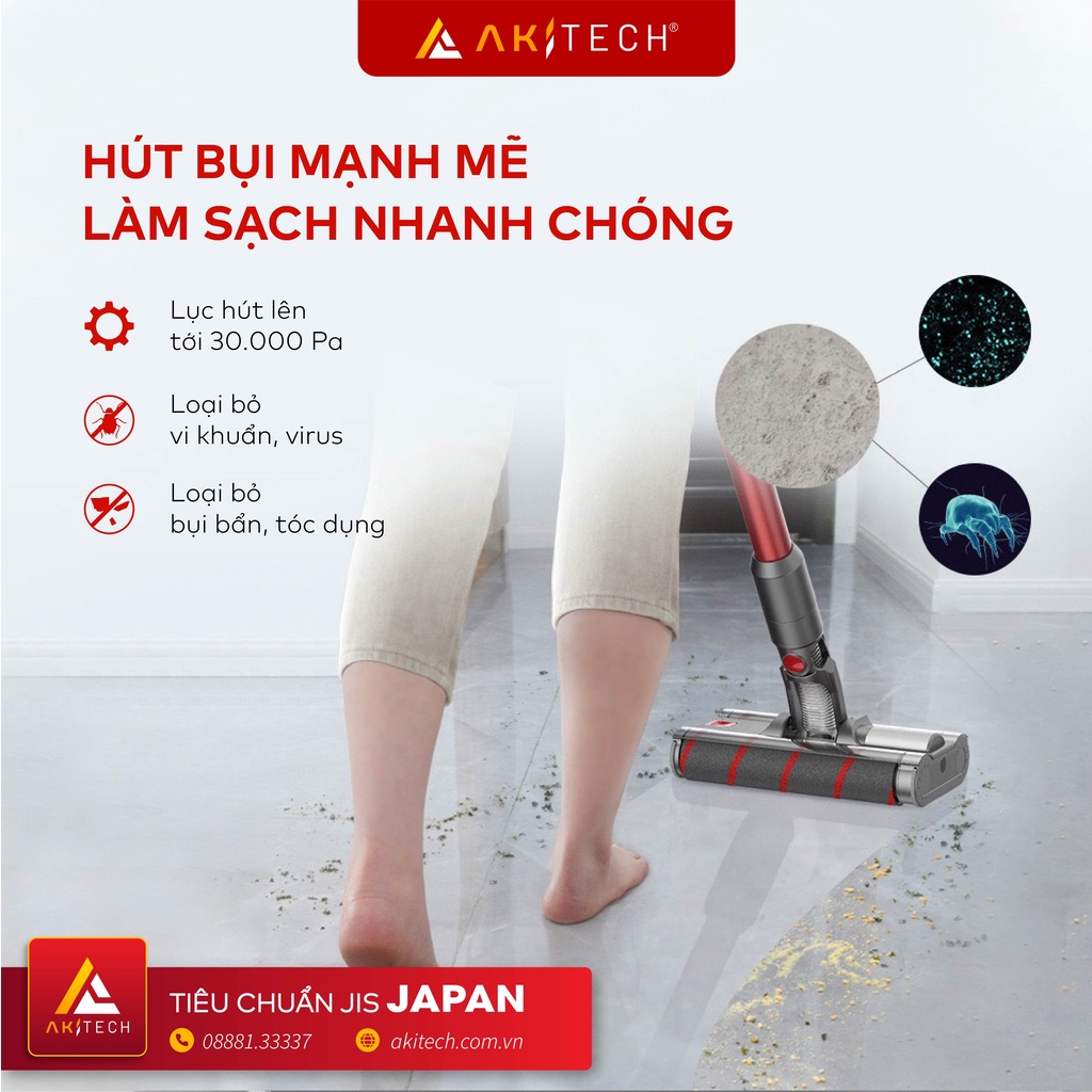 Máy hút bụi cầm tay không dây AKI PRO V10 tích hợp lau nhà, ống nối công thái học lực hút 30000Pa