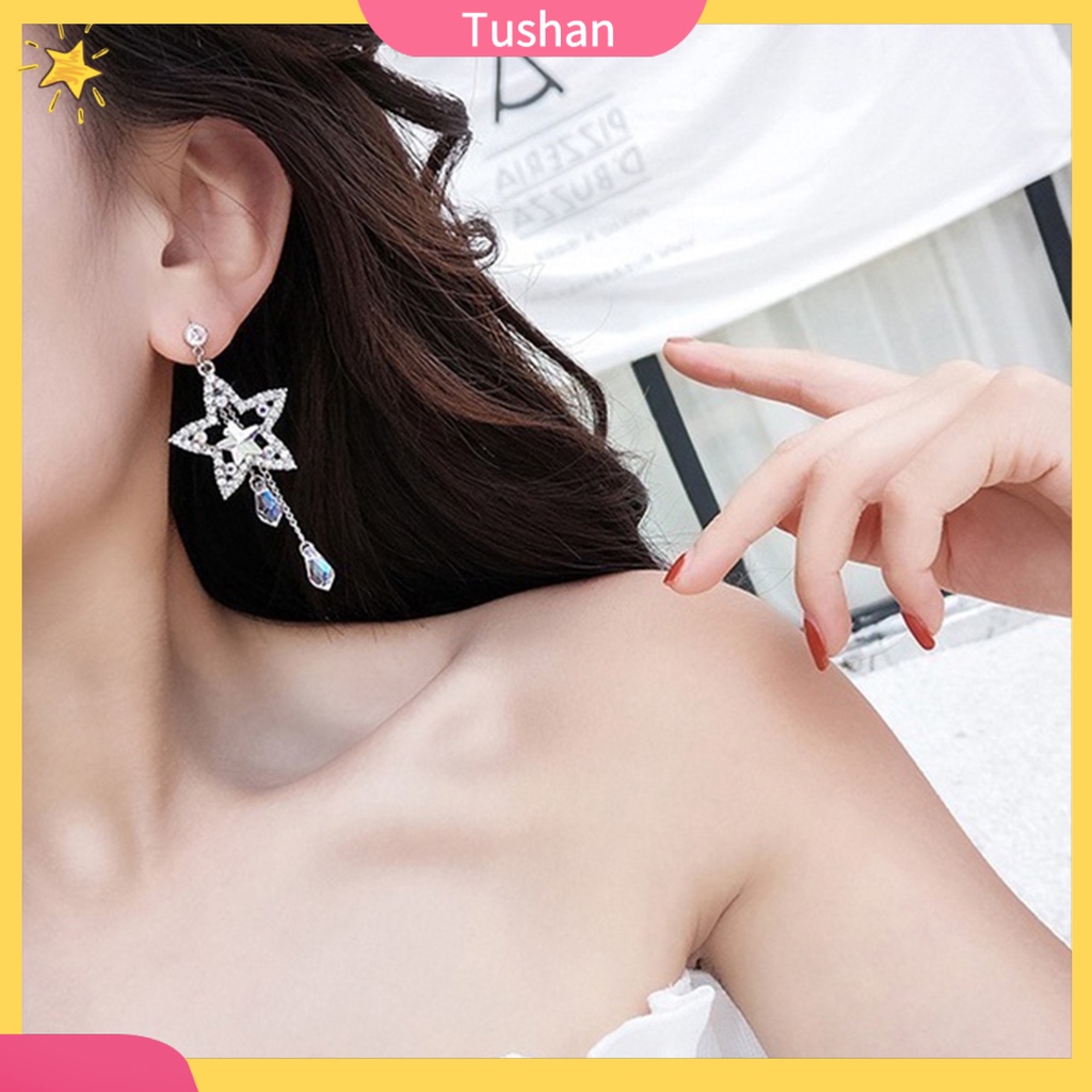 TUSH_Women Cubic Zirconia Inlaid Star Chain Tassel Dangle Stud Earrings Jewelry Gift