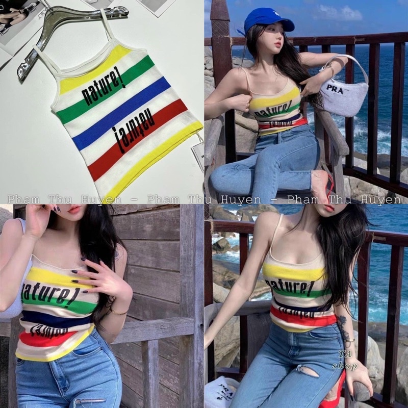 Áo hai dây len mongtoghi màu cầu vòng chữ thêu xinh xỉu up xỉu đown