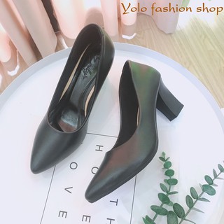 Giày cao gót nữ da lì đế vuông 7cm dáng basic hàng VNXK da mềm êm chân -HC02