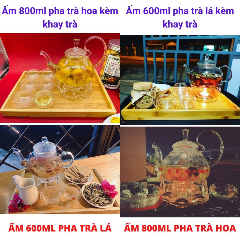 Bộ Ấm Trà Thủy Tinh Kèm Khay Bình Trà Tặng 6 Chén Uống Trà Hoa Cúc Trong Suốt Đế Đốt Nến Chịu Nhiệt