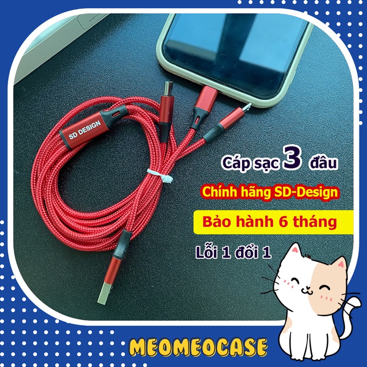 Cáp sạc 3 đầu bọc dù phù hợp nhiều dòng máy (chân sạc/Micro/Type-C)