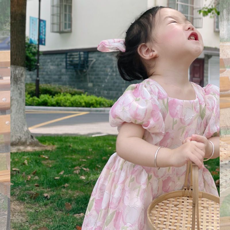 Đầm Công Chúa Mùa Hè Tay Cộc In Họa Tiết Hoa Hợp Thời Trang Phong Cách Hàn Quốc Cho Bé Gái