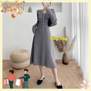 Vnu482 - váy lenzip cổ v dáng xoè phối cúc