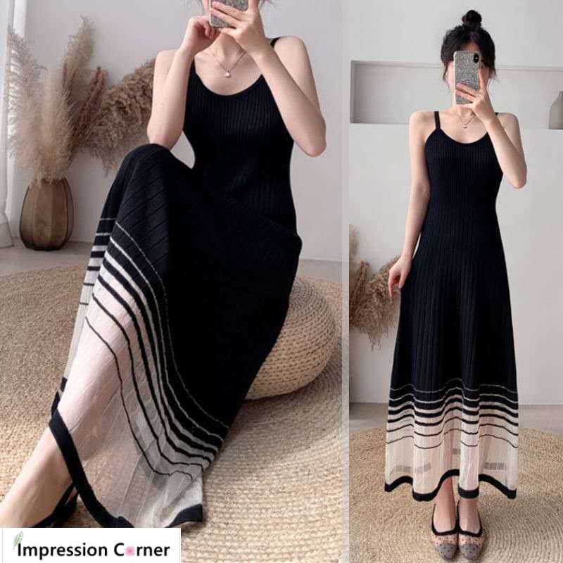 Summer new style mesh splicing ice silk suspender A-line slim and fashionable wear outside and bottom knitted skirt | BigBuy360 - bigbuy360.vn