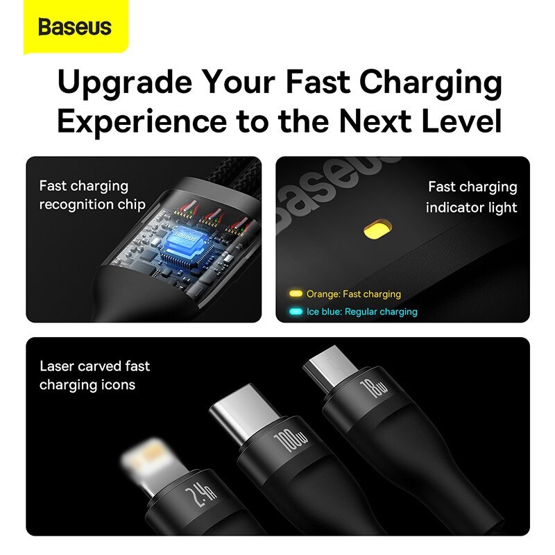 Cáp Sạc Nhanh Và Truyền Dữ Liệu 3 đầu 100w 3 in 1 Baseus One-for-three Fast Charging Data Cable Cổng Táo/ USB A/  Type C