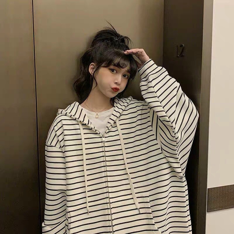 Áo khoác nỉ cotton kẻ sọc form rộng style ulzzang trẻ trung | BigBuy360 - bigbuy360.vn