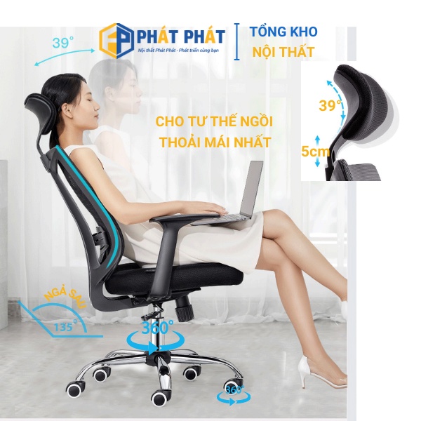 Ghế xoay văn phòng Phát Phát có tựa đầu, ghế xoay lưới ngả làm việc tại nhà chính hãng - ZH5037