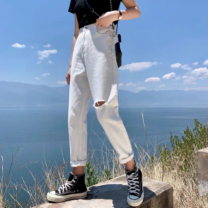 Quần Slim Jean Nữ Ống Đứng Trắng Kem Rách Sườn Ver.2 Lưng cao