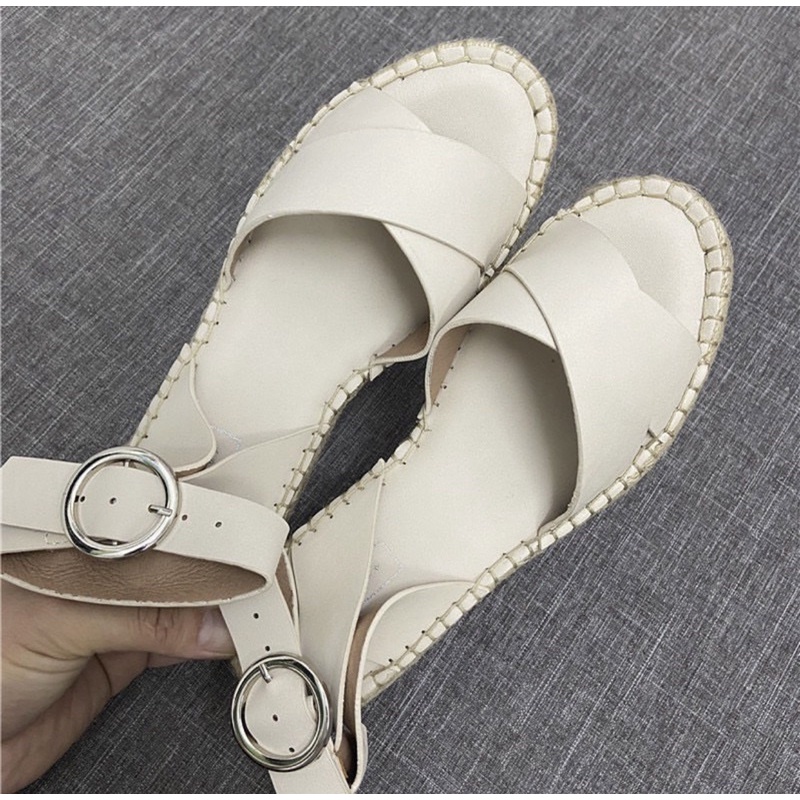 Topshop Sandal đế cói quai chéo cao 3.5cm màu kem chất da PU có SIZE 42