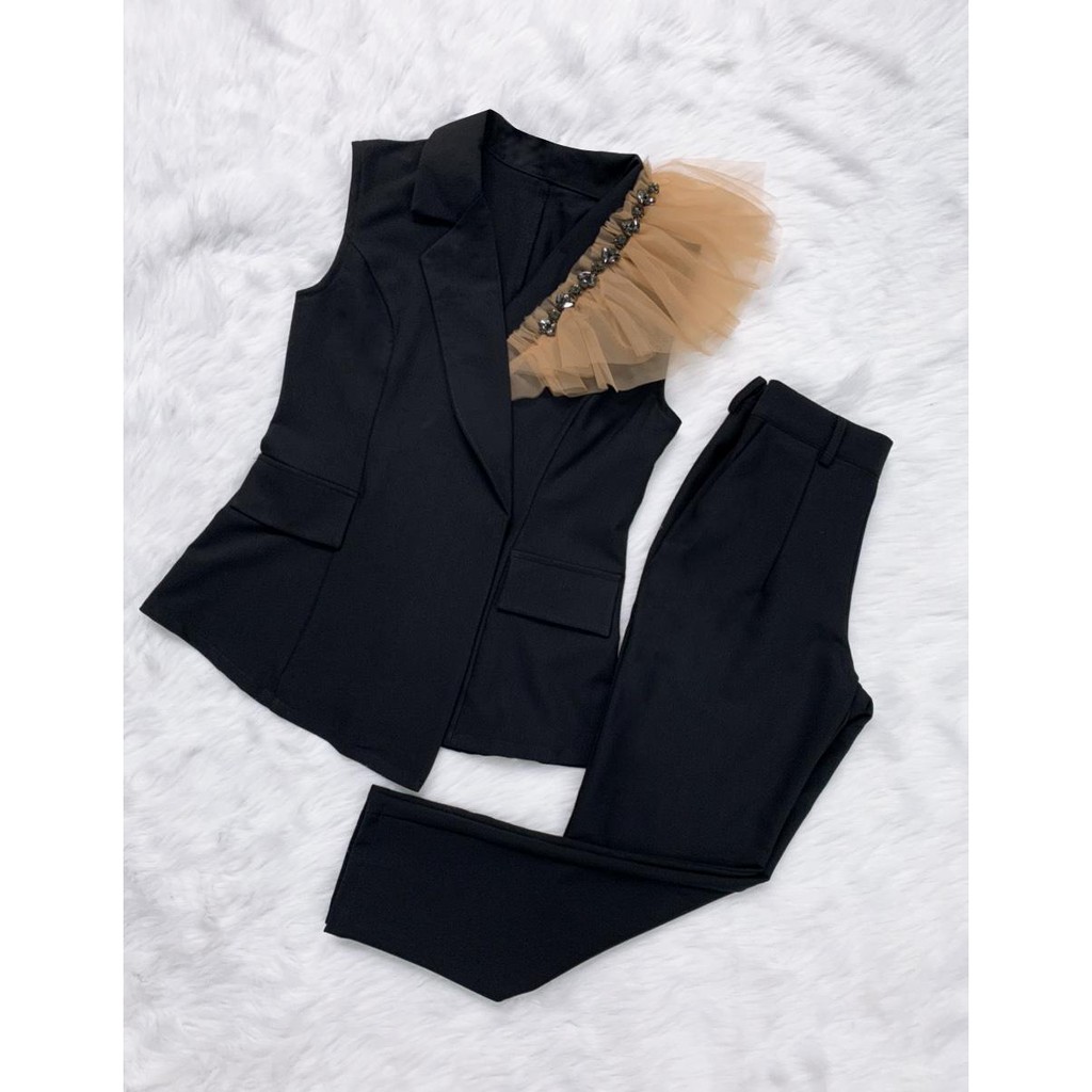 HÌNH THẬT - SET BỘ VEST CÔNG SỞ, KIỂU BỘ VEST ĐI LÀM  PHỐI LƯỚI ĐÍNH HẠT KIỂU SET BỘ THỜI TRANG CÔNG SỞ  S3255